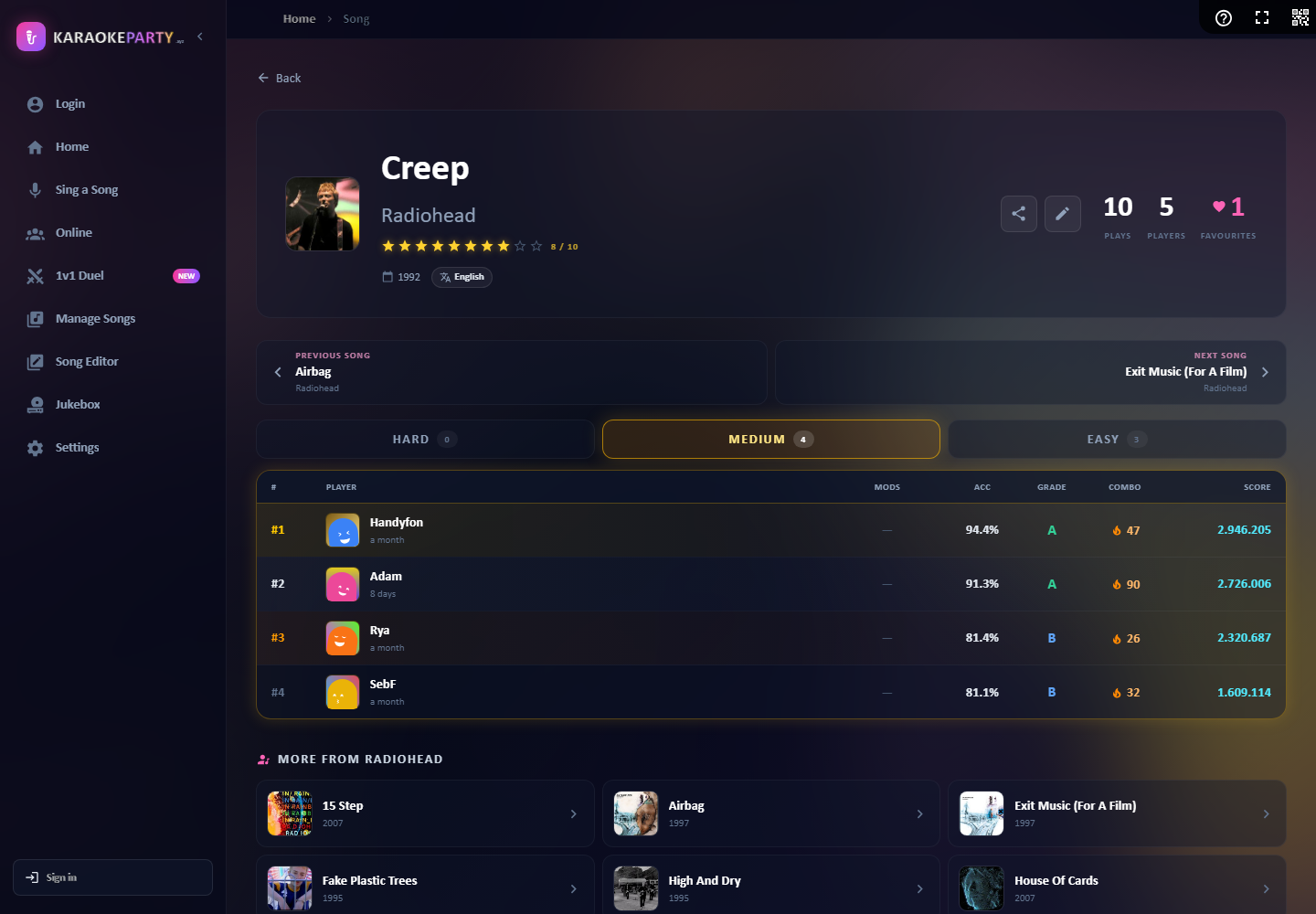 Song detail page with difficulty leaderboard